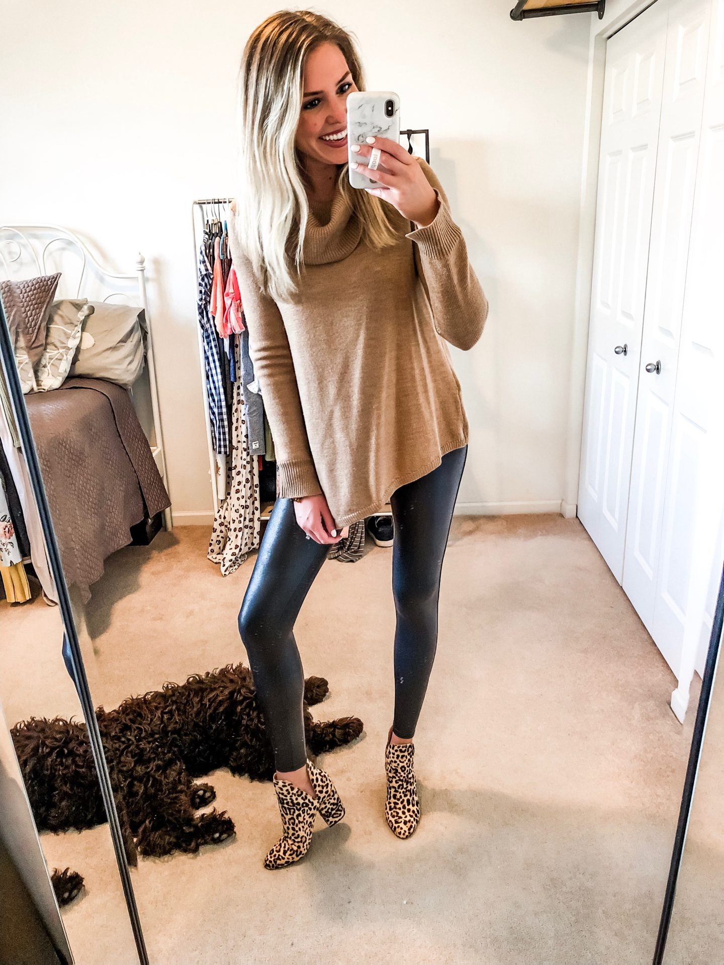 Spanx leather leggings and Steve Madden leopard booties